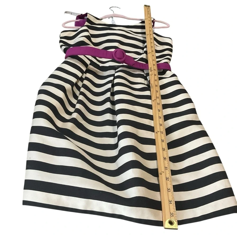 White House Black Market Black White Striped Fit & Flare Dress Purple Belt - Picture 8 of 9